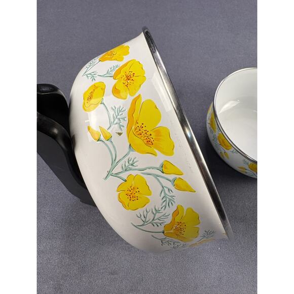 VTG Kobe Enamelware Metal Nesting Bowl Set of 3 Yellow Poppy w/lids - Picture 4 of 11